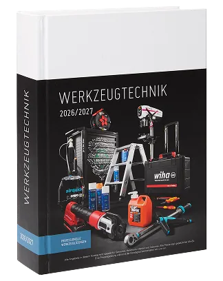 Cover des Werkzeugtechnik Katalogs 2026/2027 mit einer Collage aus Profi-Werkzeugen vor schwarzem Hintergrund.