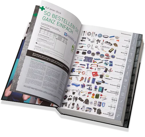 Aufgeschlagene Katalogseiten, die das einfache Bestellen und die strukturierte Produktübersicht zeigen.